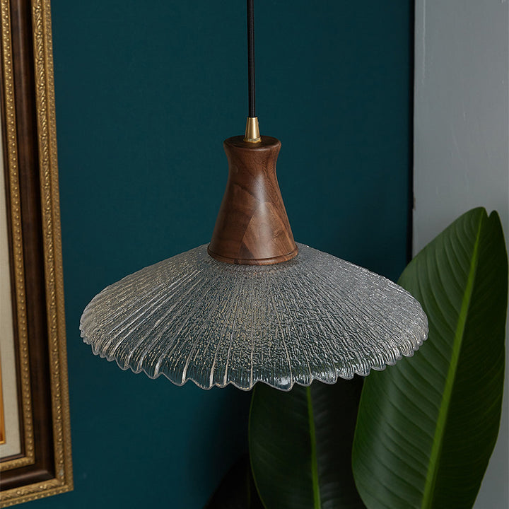 Traditional Vintage Water Ripple Tapered Glass Solid Wood 1-Light Pendant Light For Living Room