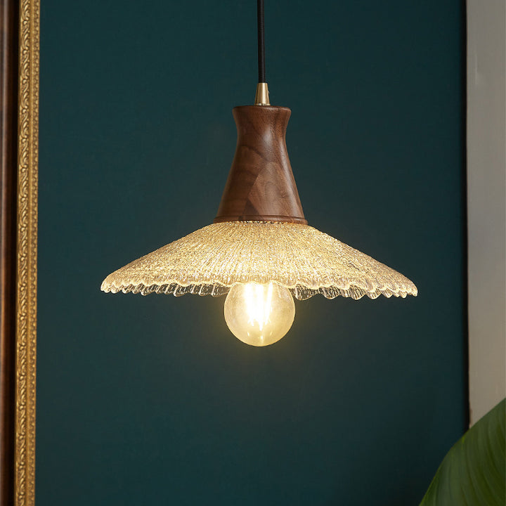 Traditional Vintage Water Ripple Tapered Glass Solid Wood 1-Light Pendant Light For Living Room