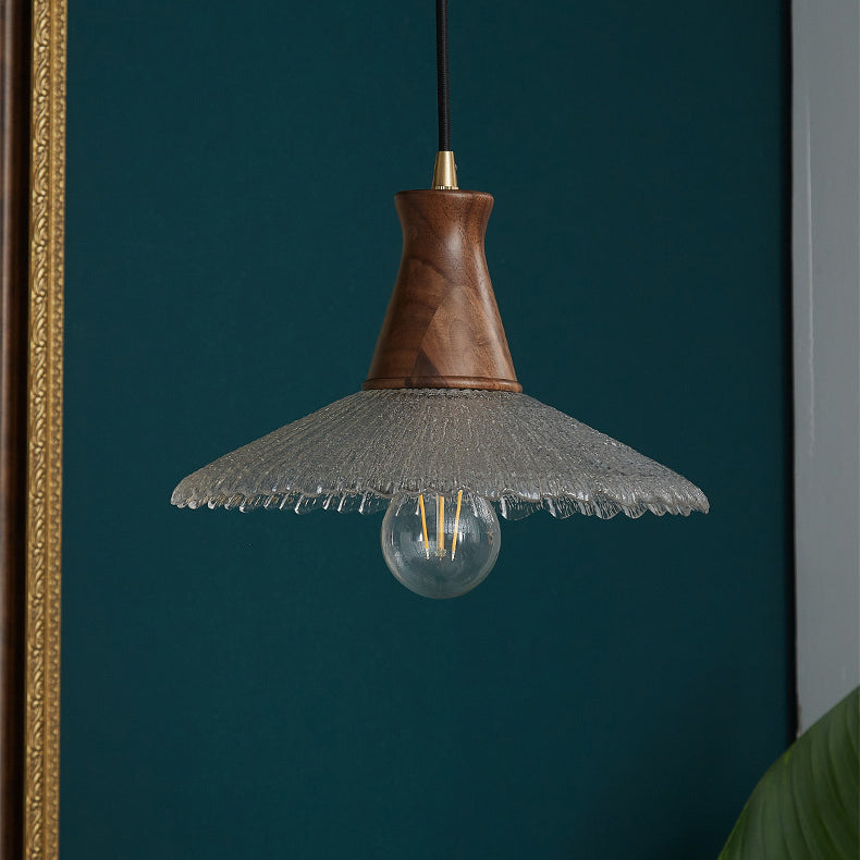 Traditional Vintage Water Ripple Tapered Glass Solid Wood 1-Light Pendant Light For Living Room