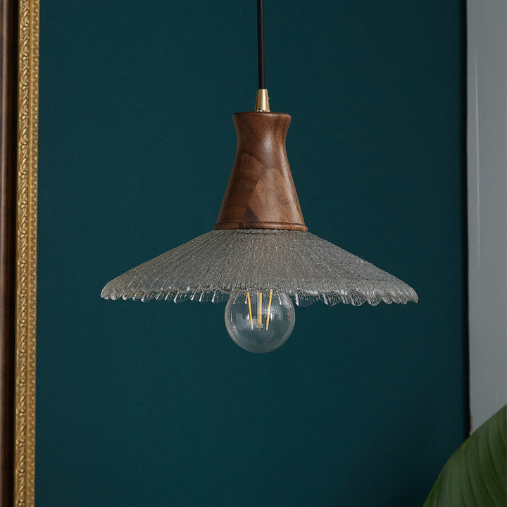 Traditional Vintage Water Ripple Tapered Glass Solid Wood 1-Light Pendant Light For Living Room