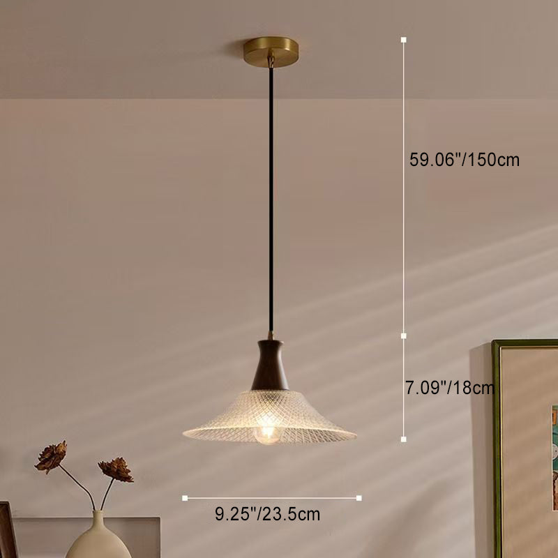 Suspension Luminaire en Bois Massif Rétro Contemporain avec Abat-Jour en Verre Conique à 1 Lumière pour Salle à Manger 