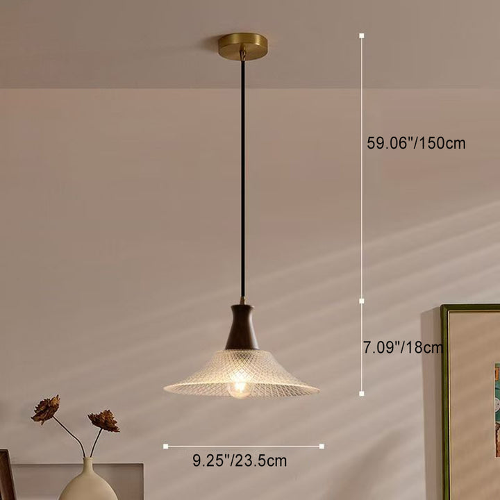Suspension Luminaire en Bois Massif Rétro Contemporain avec Abat-Jour en Verre Conique à 1 Lumière pour Salle à Manger 