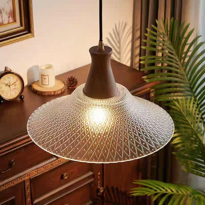 Suspension Luminaire en Bois Massif Rétro Contemporain avec Abat-Jour en Verre Conique à 1 Lumière pour Salle à Manger 