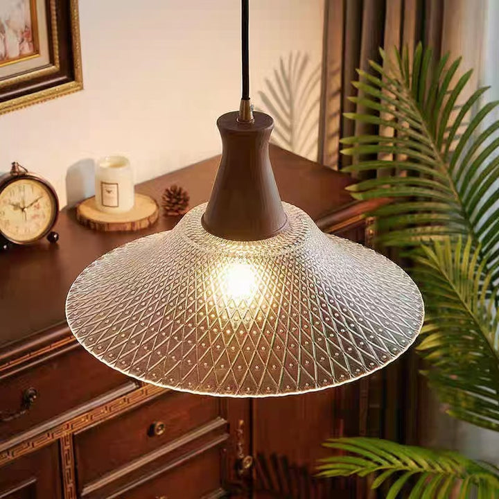 Suspension Luminaire en Bois Massif Rétro Contemporain avec Abat-Jour en Verre Conique à 1 Lumière pour Salle à Manger 