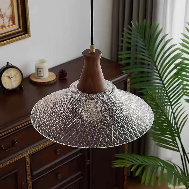 Suspension Luminaire en Bois Massif Rétro Contemporain avec Abat-Jour en Verre Conique à 1 Lumière pour Salle à Manger 