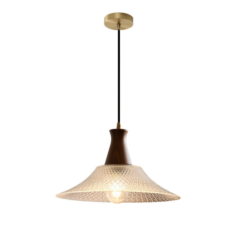Suspension Luminaire en Bois Massif Rétro Contemporain avec Abat-Jour en Verre Conique à 1 Lumière pour Salle à Manger 