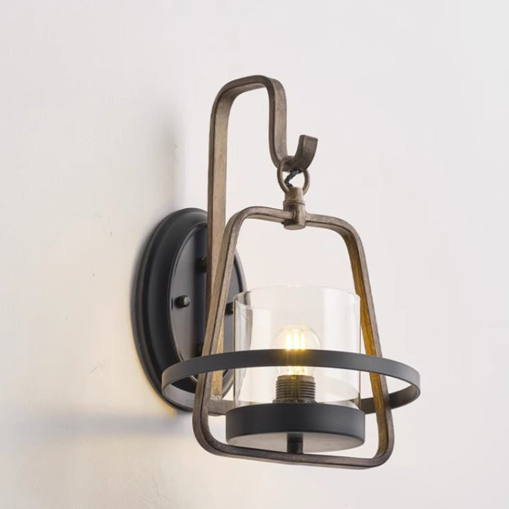 Traditional Farmhouse Trapezoidal Iron Frame Glass 1-Light Wall Sconce Lamp For Dining Room