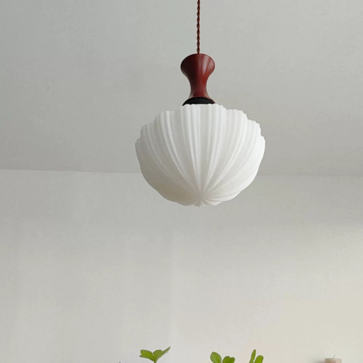 Contemporary Retro Rubberwood Round Glass Shade 1-Light Pendant Light For Living Room