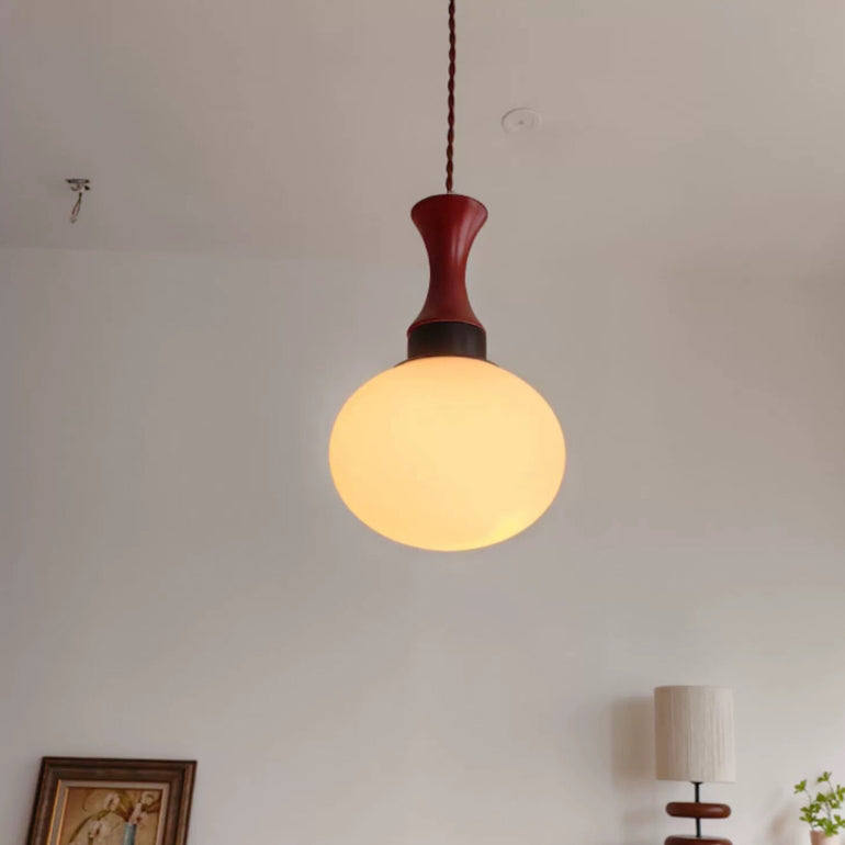 Contemporary Retro Rubberwood Round Glass Shade 1-Light Pendant Light For Living Room