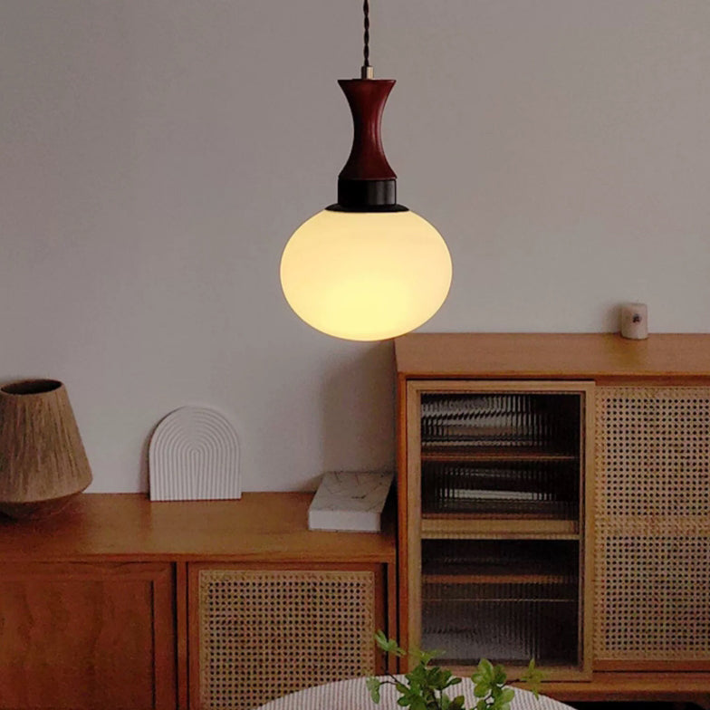 Contemporary Retro Rubberwood Round Glass Shade 1-Light Pendant Light For Living Room