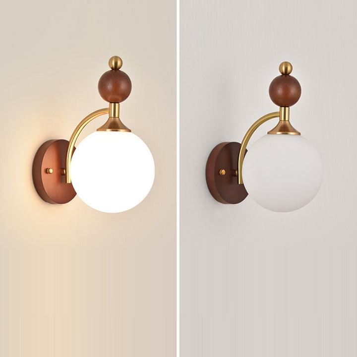 Traditional Vintage Glass Ball Shade Iron Wood 1-Light Wall Sconce Lamp For Dining Room