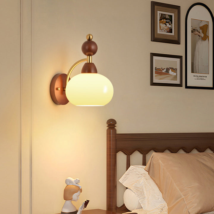 Traditional Vintage Glass Ball Shade Iron Wood 1-Light Wall Sconce Lamp For Dining Room