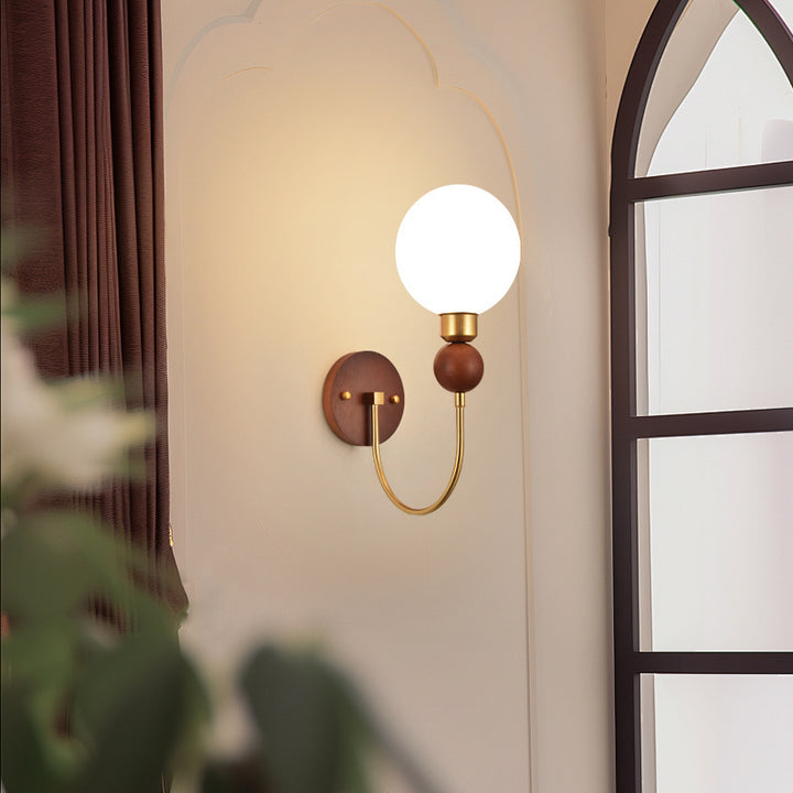 Traditional Vintage Glass Ball Shade Iron Wood 1-Light Wall Sconce Lamp For Dining Room