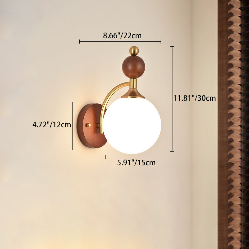Traditional Vintage Glass Ball Shade Iron Wood 1-Light Wall Sconce Lamp For Dining Room