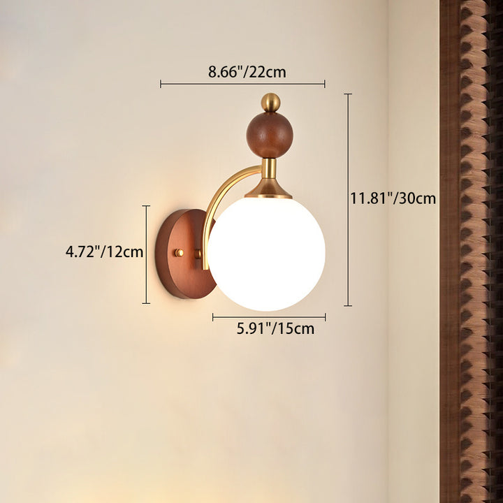 Traditional Vintage Glass Ball Shade Iron Wood 1-Light Wall Sconce Lamp For Dining Room