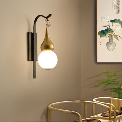Lámpara de Aplique de Pared de 1 Luz con Calabaza de Vidrio de Hierro Chino Tradicional para Comedor 