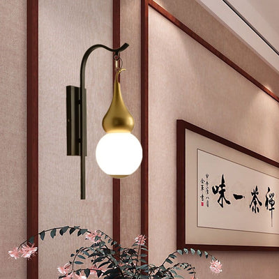 Lámpara de Aplique de Pared de 1 Luz con Calabaza de Vidrio de Hierro Chino Tradicional para Comedor 