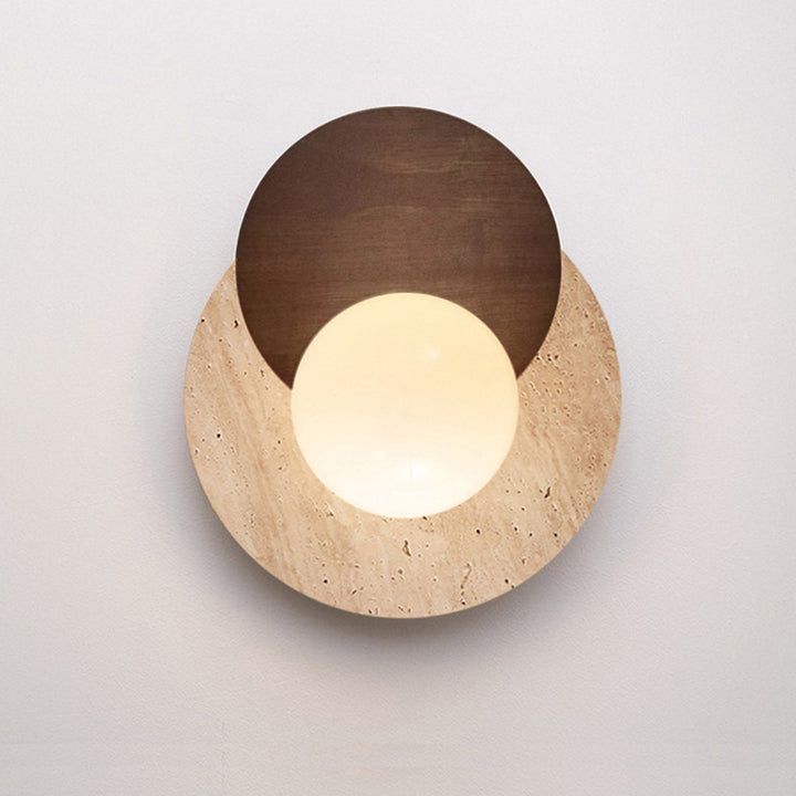Traditional Japanese Round Yellow Travertine Solid Wood 1-Light Wall Sconce Lamp For Dining Room