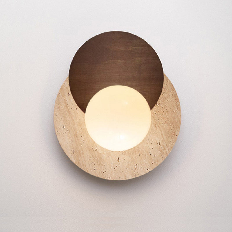 Traditional Japanese Round Yellow Travertine Solid Wood 1-Light Wall Sconce Lamp For Dining Room