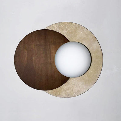 Traditional Japanese Round Yellow Travertine Solid Wood 1-Light Wall Sconce Lamp For Dining Room