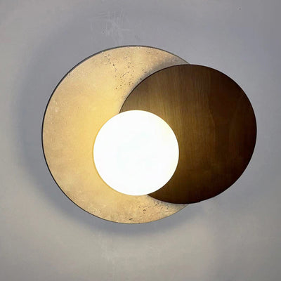 Traditional Japanese Round Yellow Travertine Solid Wood 1-Light Wall Sconce Lamp For Dining Room