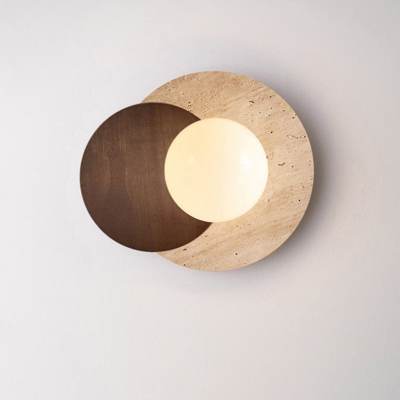 Traditional Japanese Round Yellow Travertine Solid Wood 1-Light Wall Sconce Lamp For Dining Room