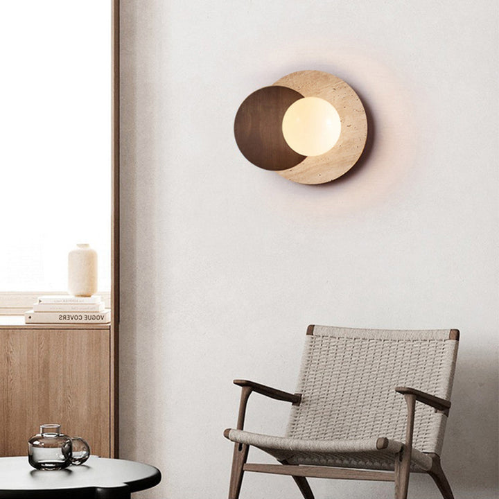 Traditional Japanese Round Yellow Travertine Solid Wood 1-Light Wall Sconce Lamp For Dining Room