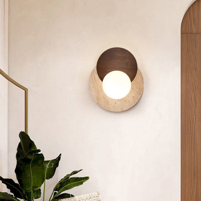 Traditional Japanese Round Yellow Travertine Solid Wood 1-Light Wall Sconce Lamp For Dining Room