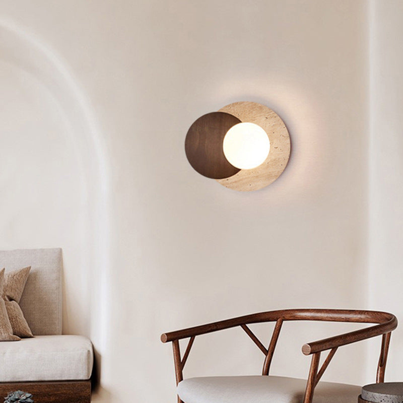 Traditional Japanese Round Yellow Travertine Solid Wood 1-Light Wall Sconce Lamp For Dining Room