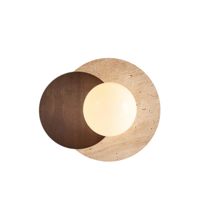 Traditional Japanese Round Yellow Travertine Solid Wood 1-Light Wall Sconce Lamp For Dining Room
