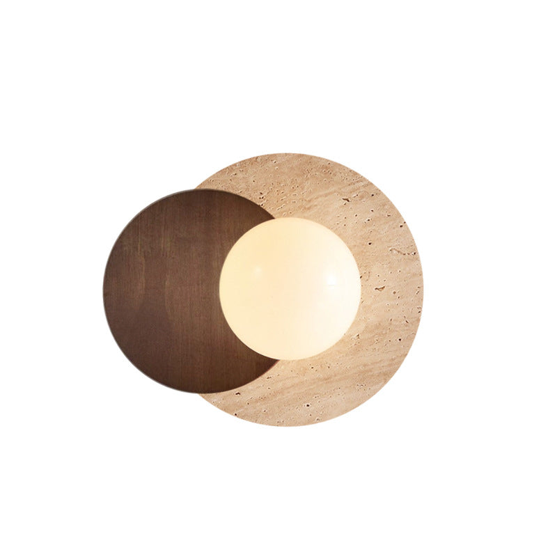 Traditional Japanese Round Yellow Travertine Solid Wood 1-Light Wall Sconce Lamp For Dining Room