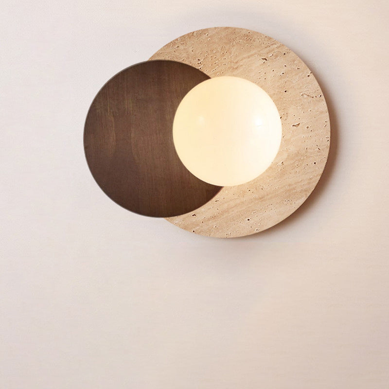 Traditional Japanese Round Yellow Travertine Solid Wood 1-Light Wall Sconce Lamp For Dining Room