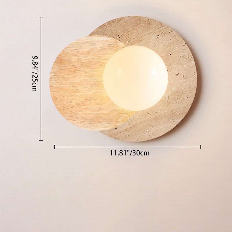 Traditional Japanese Round Yellow Travertine Solid Wood 1-Light Wall Sconce Lamp For Dining Room