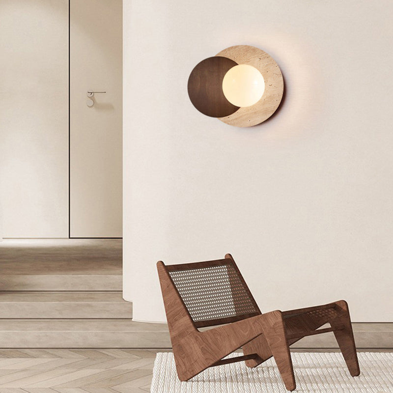 Traditional Japanese Round Yellow Travertine Solid Wood 1-Light Wall Sconce Lamp For Dining Room