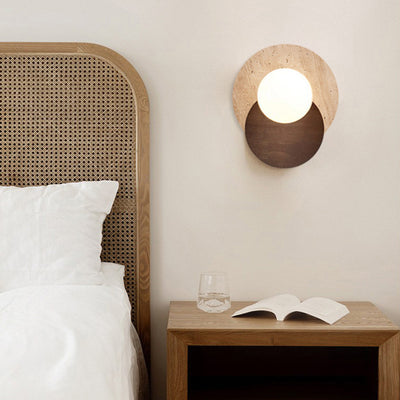 Traditional Japanese Round Yellow Travertine Solid Wood 1-Light Wall Sconce Lamp For Dining Room
