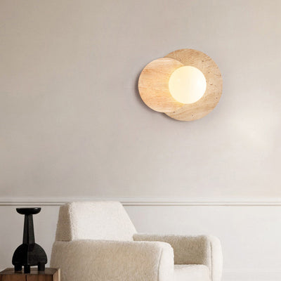 Traditional Japanese Round Yellow Travertine Solid Wood 1-Light Wall Sconce Lamp For Dining Room
