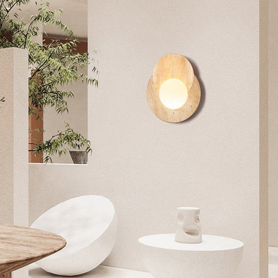 Traditional Japanese Round Yellow Travertine Solid Wood 1-Light Wall Sconce Lamp For Dining Room