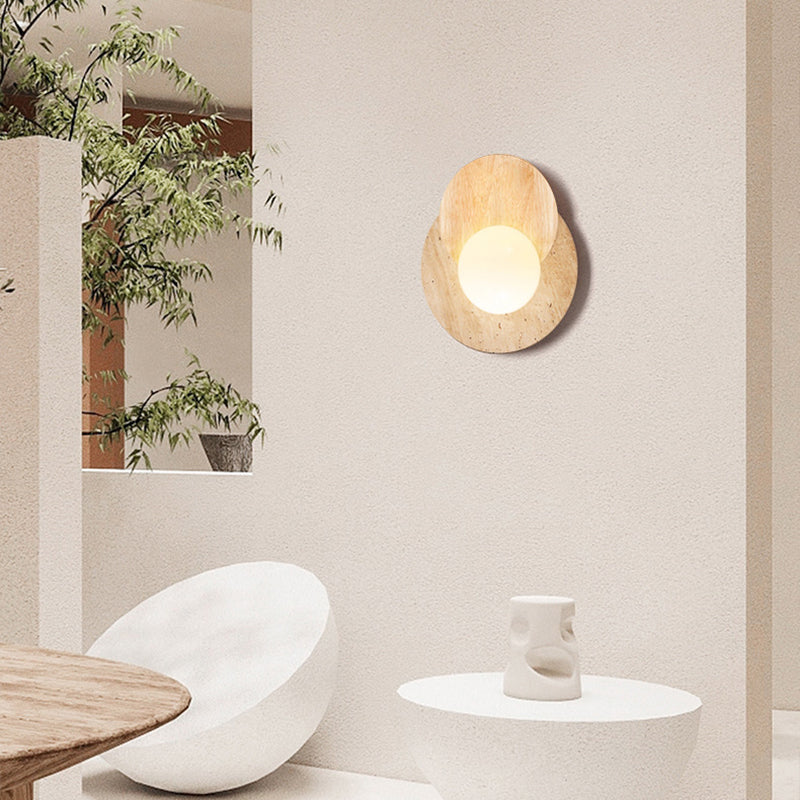 Traditional Japanese Round Yellow Travertine Solid Wood 1-Light Wall Sconce Lamp For Dining Room