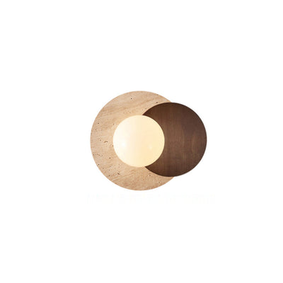 Traditional Japanese Round Yellow Travertine Solid Wood 1-Light Wall Sconce Lamp For Dining Room