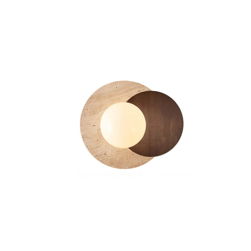 Traditional Japanese Round Yellow Travertine Solid Wood 1-Light Wall Sconce Lamp For Dining Room