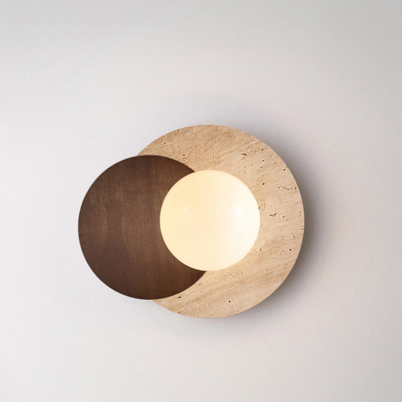 Traditional Japanese Round Yellow Travertine Solid Wood 1-Light Wall Sconce Lamp For Dining Room