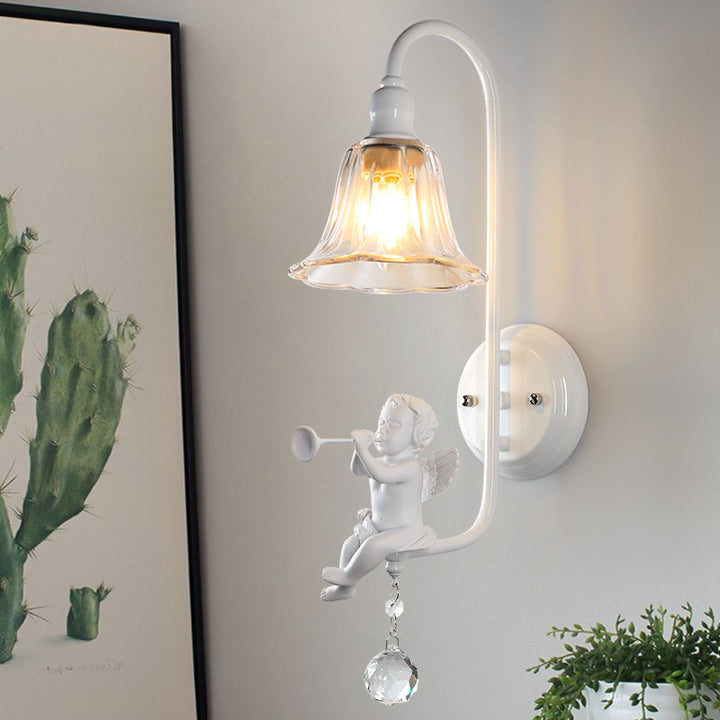 Lámpara Aplique de Pared de 1 Luz con Cristal de Resina y Trompeta de Ángel Tradicional Francesa para Sala de Estar 