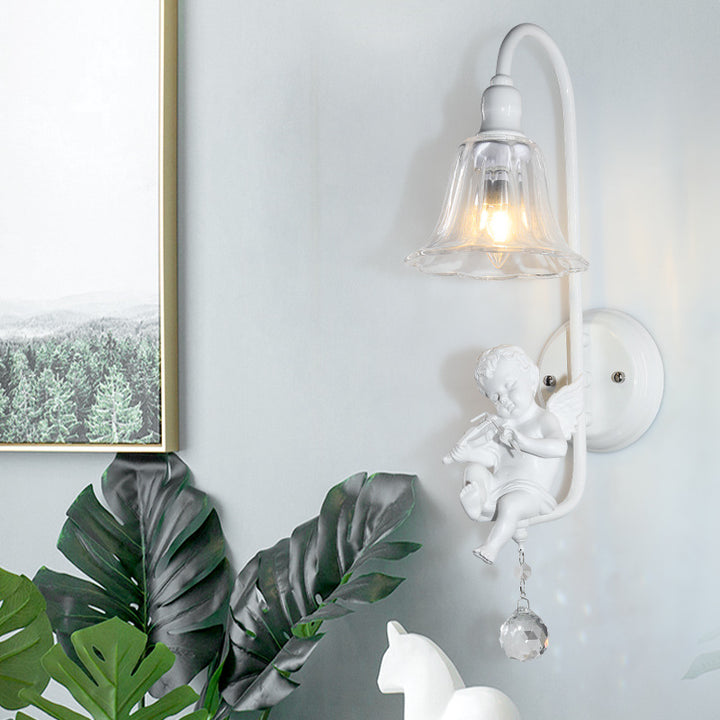 Lámpara Aplique de Pared de 1 Luz con Cristal de Resina y Trompeta de Ángel Tradicional Francesa para Sala de Estar 