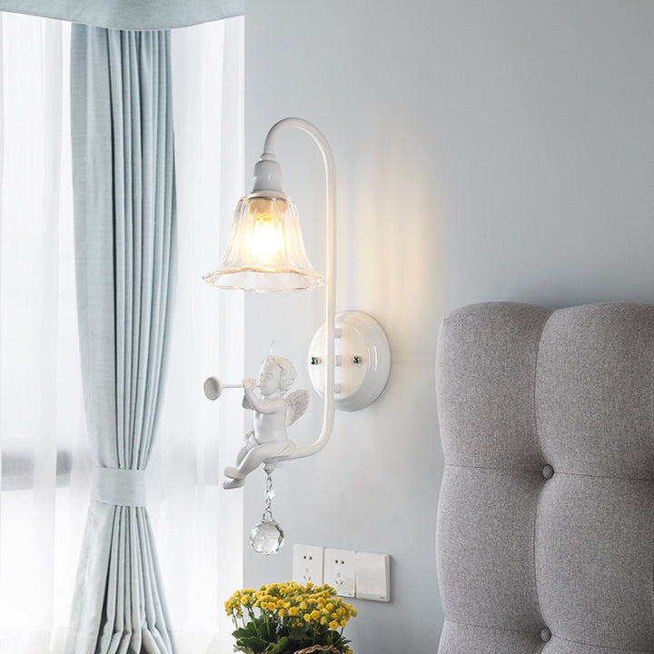 Lámpara Aplique de Pared de 1 Luz con Cristal de Resina y Trompeta de Ángel Tradicional Francesa para Sala de Estar 