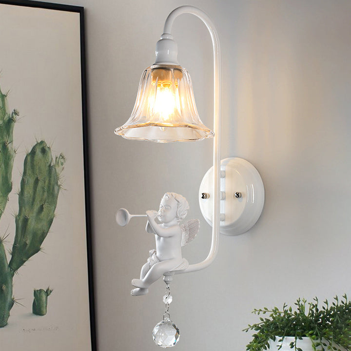 Lámpara Aplique de Pared de 1 Luz con Cristal de Resina y Trompeta de Ángel Tradicional Francesa para Sala de Estar 