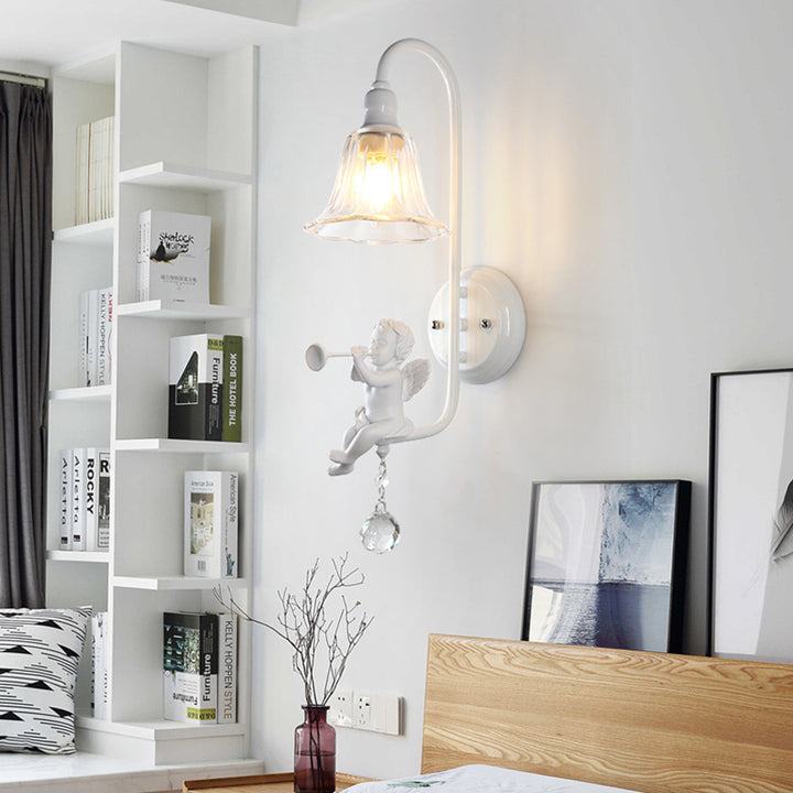 Lámpara Aplique de Pared de 1 Luz con Cristal de Resina y Trompeta de Ángel Tradicional Francesa para Sala de Estar 