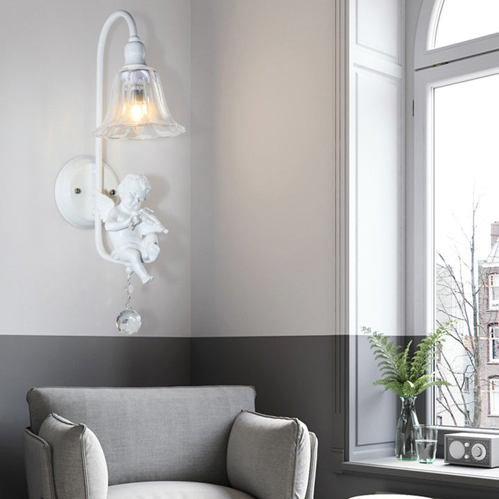 Lámpara Aplique de Pared de 1 Luz con Cristal de Resina y Trompeta de Ángel Tradicional Francesa para Sala de Estar 