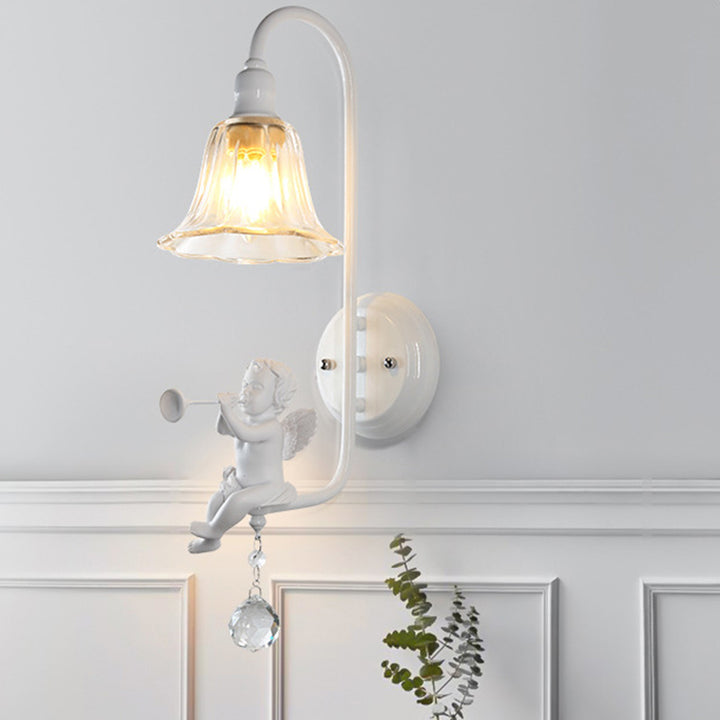 Lámpara Aplique de Pared de 1 Luz con Cristal de Resina y Trompeta de Ángel Tradicional Francesa para Sala de Estar 