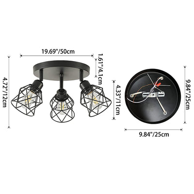 Cadre en fer industriel contemporain Rotation à 360° Plafonnier semi-encastré à 3 lumières pour salon 