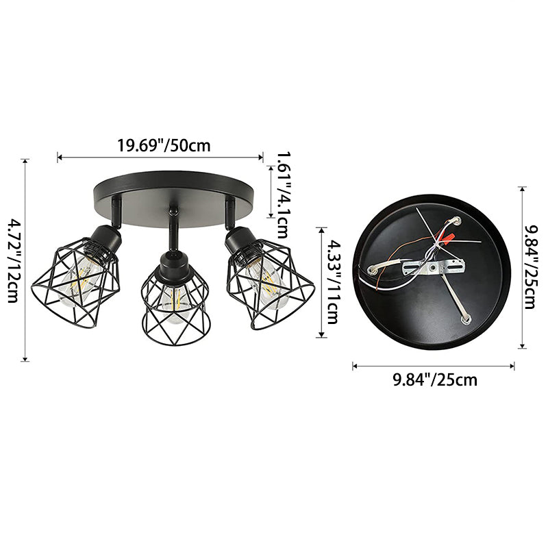 Cadre en fer industriel contemporain Rotation à 360° Plafonnier semi-encastré à 3 lumières pour salon 